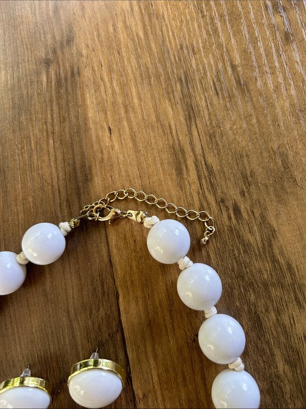 Vintage White Bead Necklace with Gold Accent Button Earrings Set